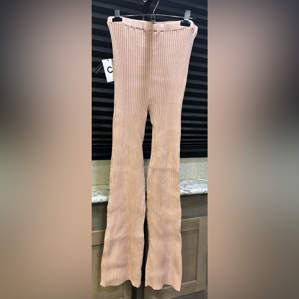 Callahan Knitwear‎ Pink High Waisted Flare Leg Ribbed Casual Pant WN Large NWT